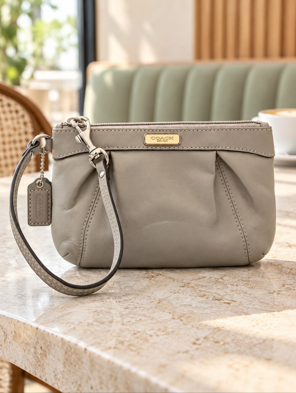 Coach Pleated Leather Wristlet Clutch Taupe Grey Blue Satin